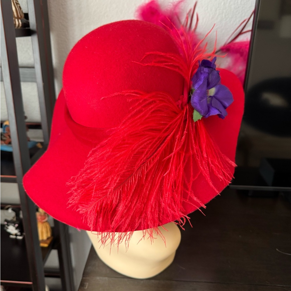 Red Wool Hat with Purple Flower and Feather - Picture 4 of 11